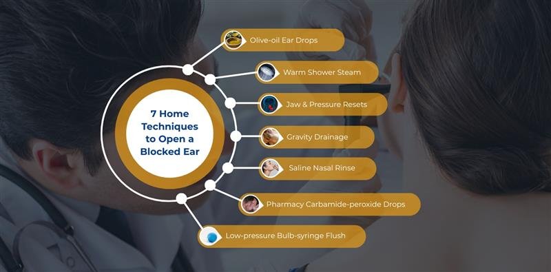 Diagram showing 7 home techniques to open a blocked ear, including olive oil drops and warm shower steam.