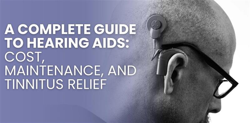 A close-up of a man wearing a hearing aid to illustrate a guide on hearing aid costs, maintenance, and tinnitus relief.