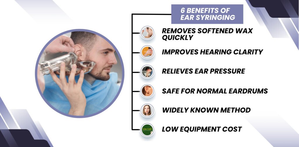 A graphic listing the 6 benefits of ear syringing, with a photo of a man receiving the procedure on the left.