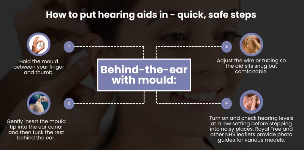 Four steps for inserting hearing aids with a mould, including holding the mould, inserting it, adjusting the wire, and checking sound levels.