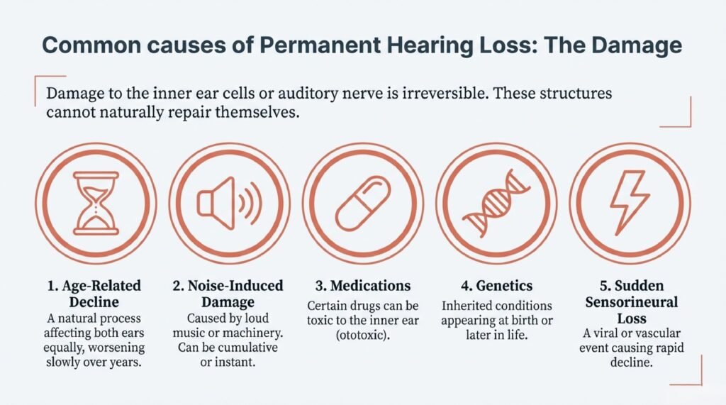 An infographic showing common causes ofpermanent hearing loss